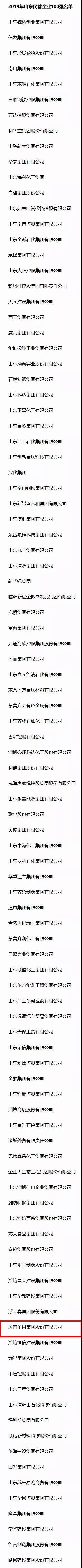 圣泉集团入围2019年山东民营企业100强