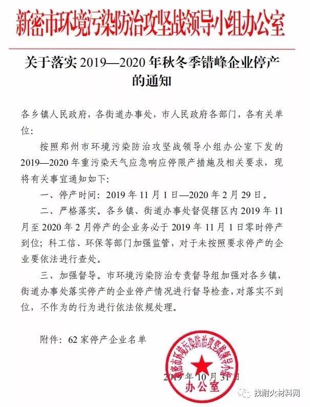 62家 4个月  河南新密市秋冬季错峰企业停产