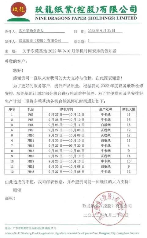 玖龙多个基地传出涨价计划 多家白卡巨头亦发布涨价函