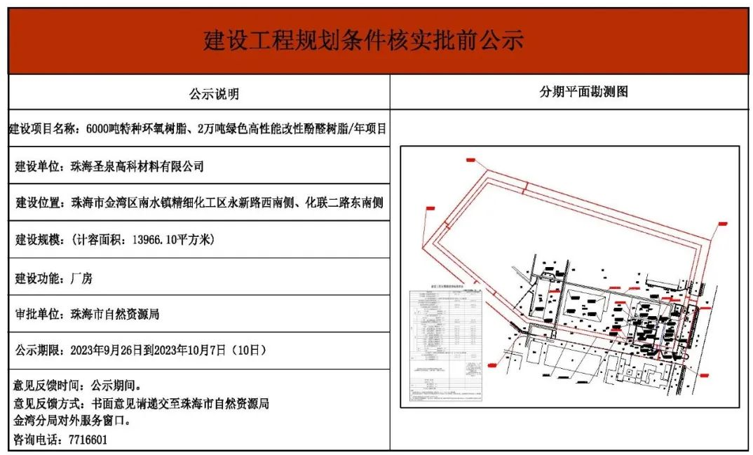 珠海圣泉6000吨特种环氧树脂、2万吨改性酚醛树脂项目批前公示