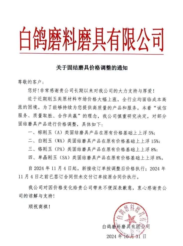 最高涨幅15%！白鸽、嘉兴科技等磨料磨具企业发涨价函